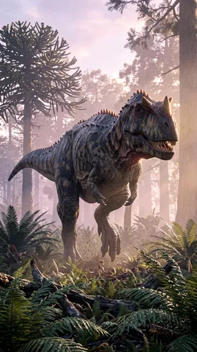 Ceratosaurus Walking Through Misty Prehistoric Forest