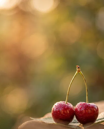 Two Fresh Cherries with Morning Dew