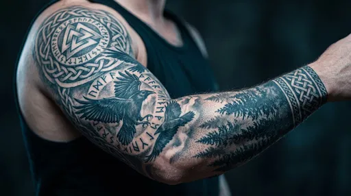 Muscular Arm With Nordic Mythology Sleeve Tattoo