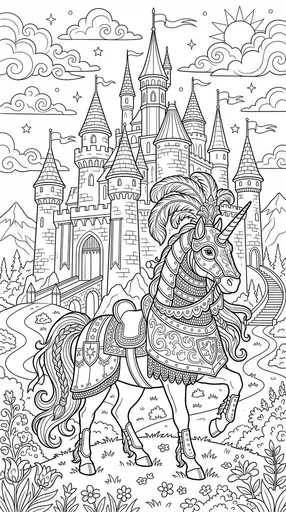 Armored Unicorn Knight Castle Coloring Page