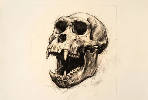 Charcoal Sketch of Roaring Primate Skull