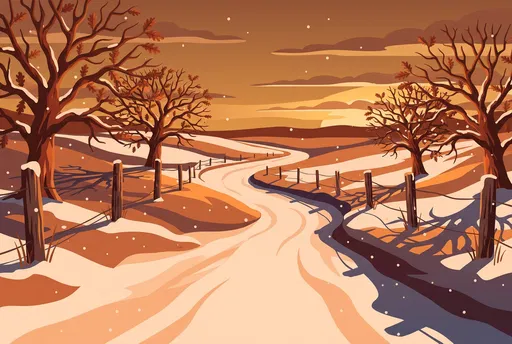 Snowy Country Road at Sunset Illustration