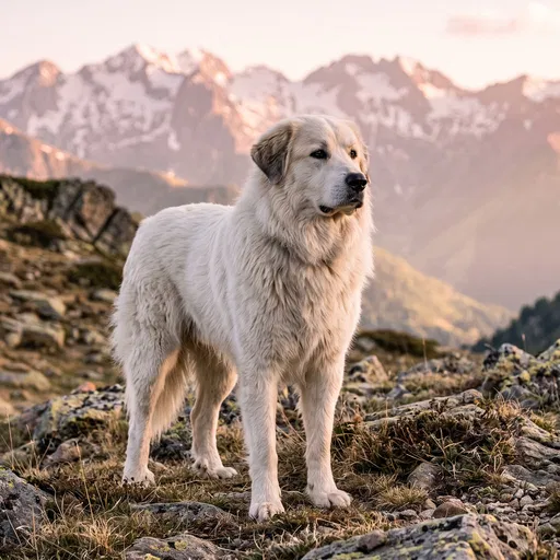 Pyrenean Mountain Dog in Alpine Sunset
