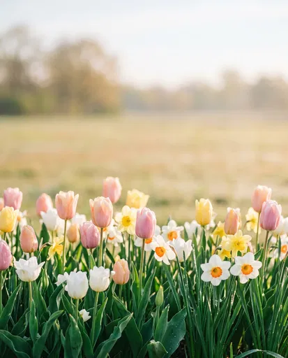 Pastel Tulips and Daffodils in Morning Meadow
