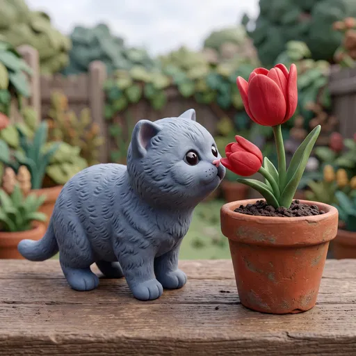 Clay Style Kitten Sniffing Red Tulips
