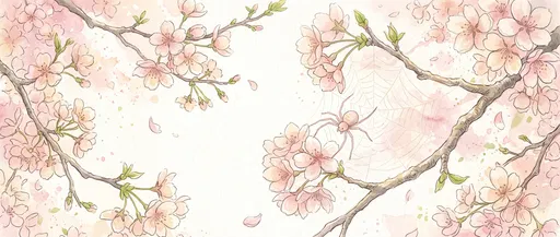 Watercolor Cherry Blossoms With Pink Spider Web