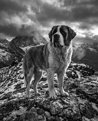 Saint Bernard Standing on Alpine Ridge
