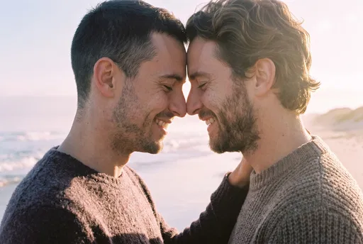 Two Men Touching Foreheads on Beach