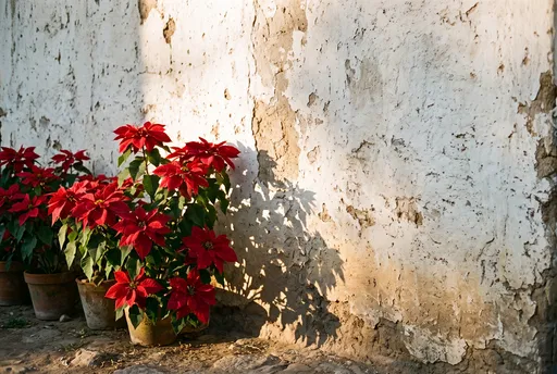 Red Poinsettias Against Rustic Adobe Wall