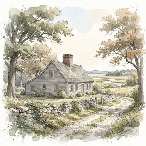 Watercolor Colonial New England Saltbox House