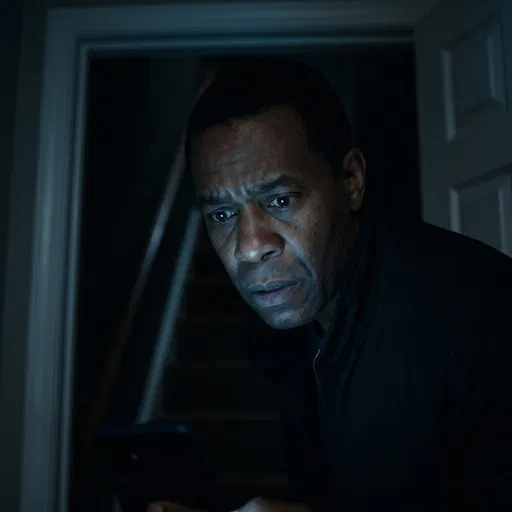 Fearful Man Looking at Phone in Dark