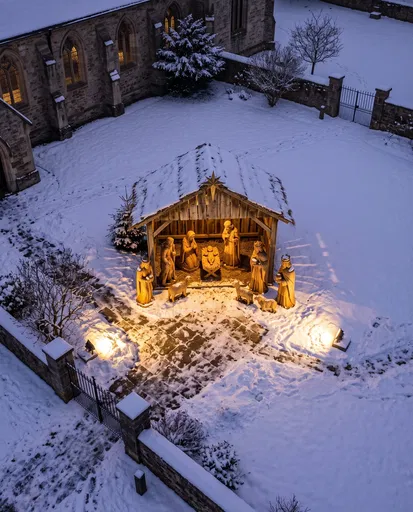 Illuminated Nativity Scene in Snowy Courtyard
