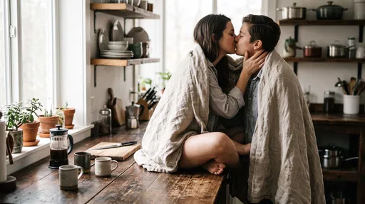Couple Kissing on Rustic Kitchen Counter