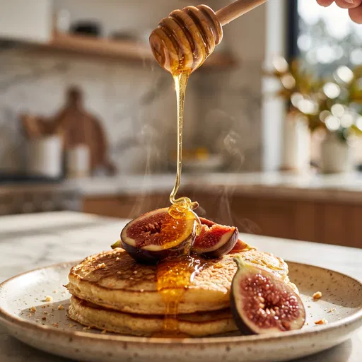 Honey Drizzling Onto Pancakes With Figs