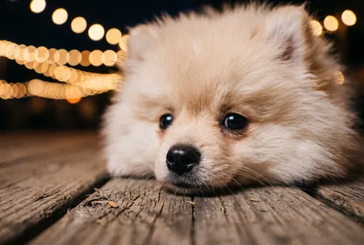 Cream Pomeranian Puppy on Wooden Deck