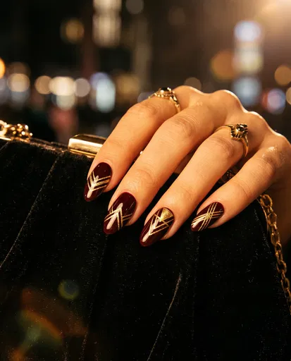 Burgundy and Gold Art Deco Nail Art
