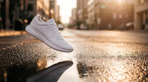 White Sneaker Hovering Over Wet Street