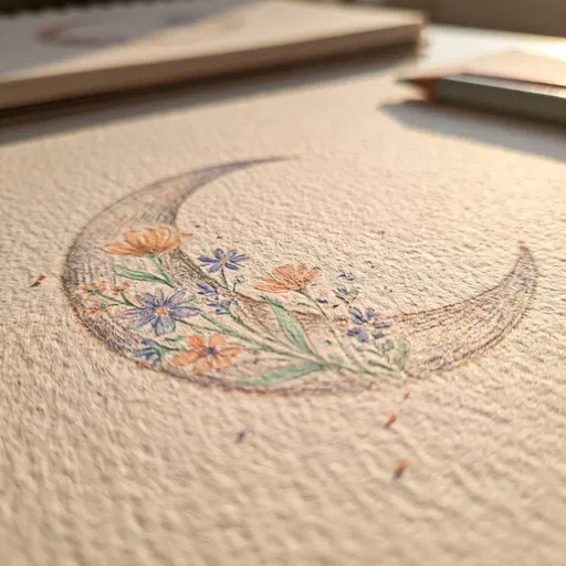 Floral Crescent Moon Colored Pencil Drawing