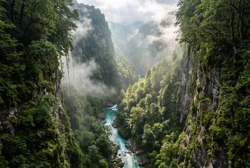 Misty Lush Canyon With Turquoise River