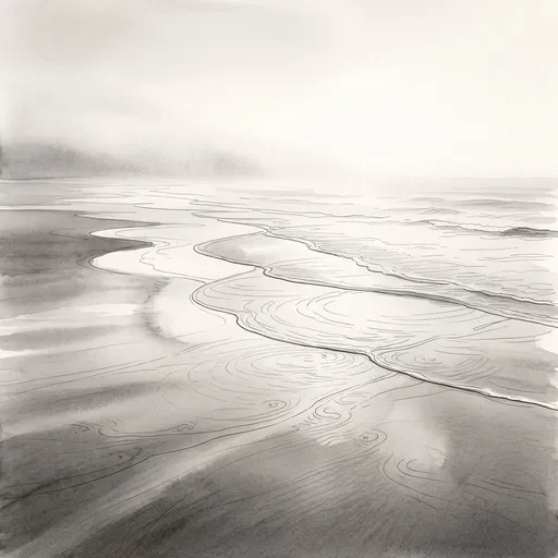 Minimalist Monochrome Shoreline Ink Wash Illustration