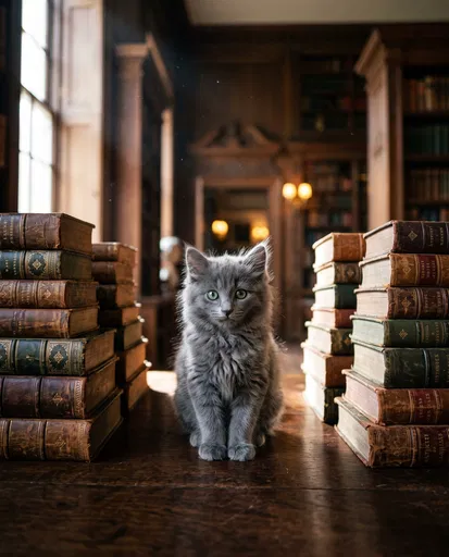 Gray Kitten Between Antique Book Stacks