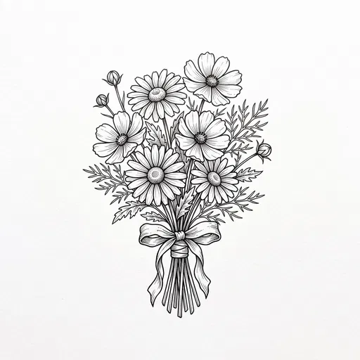 Black Ink Daisy and Cosmos Bouquet Drawing
