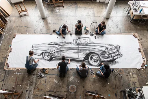 Art Students Collaborating on Giant Car Drawing