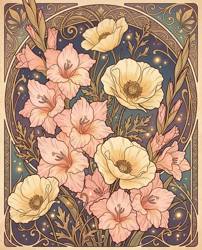 Art Nouveau Gladiolus and Poppy Illustration
