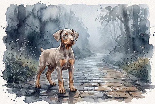 Watercolor Fawn Doberman Puppy on Path