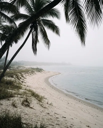 Misty Tropical Coastline with Leaning Palms