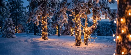 Snowy Forest Trees With Warm String Lights