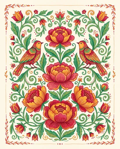 Symmetrical Folk Art Peonies and Songbirds