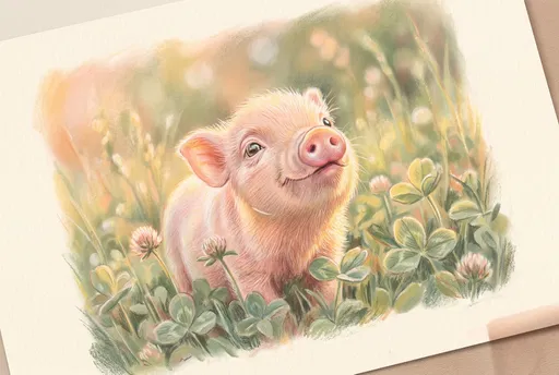 Pastel Drawing of Piglet in Clover