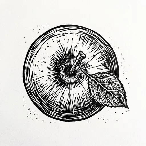 Top-Down Woodcut Apple Illustration with Leaf