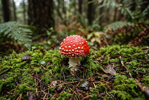 Red Spotted Mushroom on Mossy Forest Floor