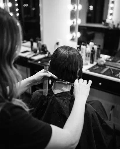 Stylist Trimming Short Bob Haircut in Salon