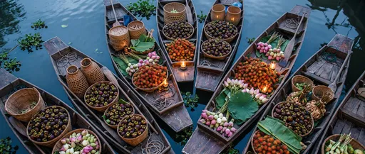 Thai Wooden Boats With Fruit and Lotus