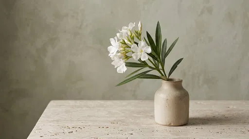 White Oleander Stem in Stoneware Vase
