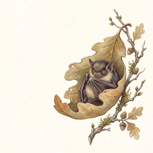 Sleeping Bat in Autumn Oak Leaf Illustration