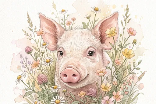 Watercolor Piglet Portrait with Meadow Wildflowers