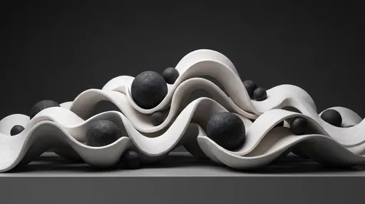Abstract White Ceramic Waves and Dark Spheres