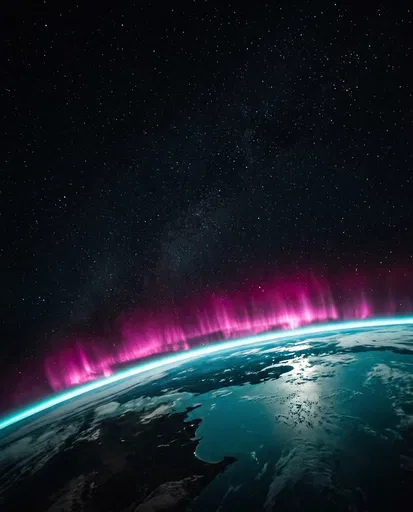 Orbital View of Planet with Magenta Aurora