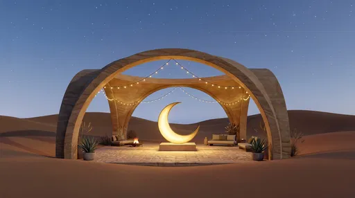 Glowing Crescent Moon in Desert Pavilion