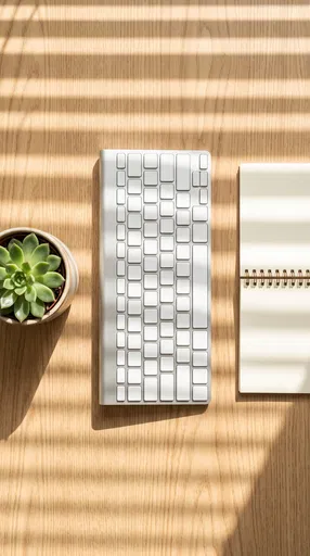 Overhead View of Keyboard on Wooden Desk
