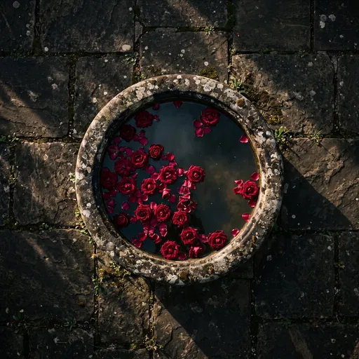 Crimson Roses Floating in Stone Basin