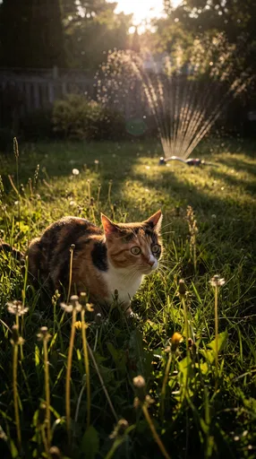 Calico Cat in Grass Near Lawn Sprinkler