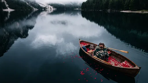 Couple in Rowboat on Alpine Lake