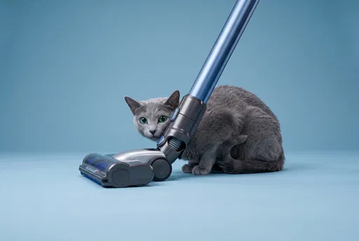 Russian Blue Cat Hiding Behind Vacuum