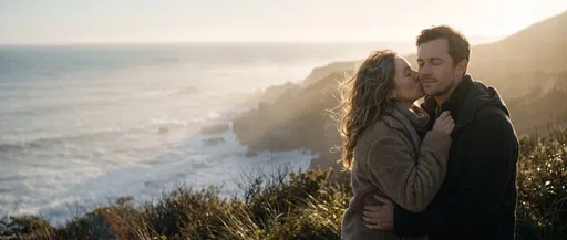 Couple Embracing on Coastal Bluff at Sunrise