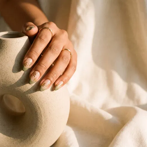 Sage Green Botanical French Tip Nails